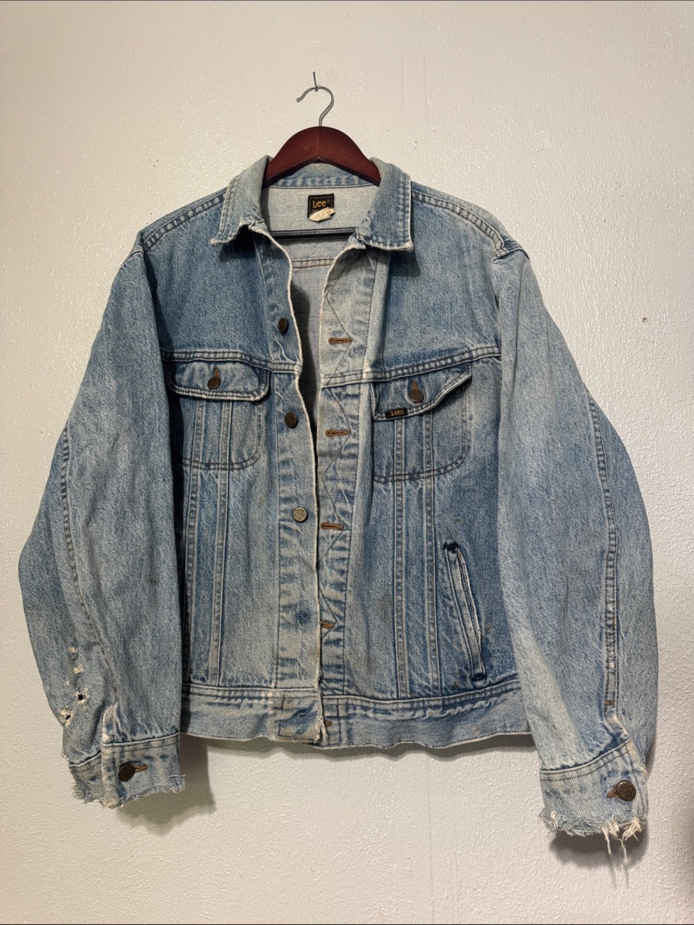 Vintage Lee Distressed Denim Rider Jacket 1XL Light Wash Made in USA Thrashed